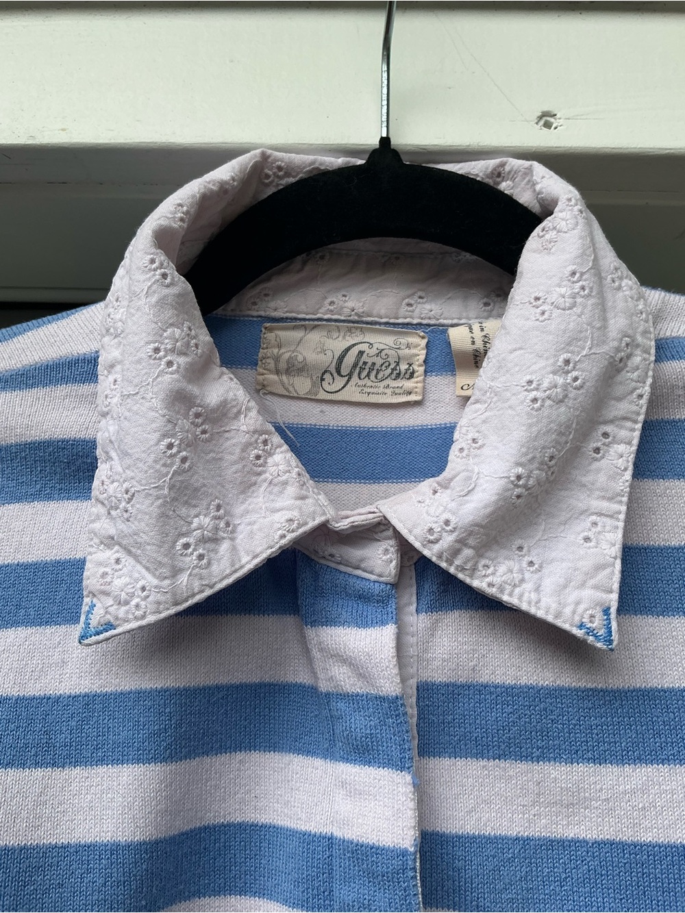 GUESS Vintage Y2K Striped Eyelet Polo Knit Top Blue White Size M
